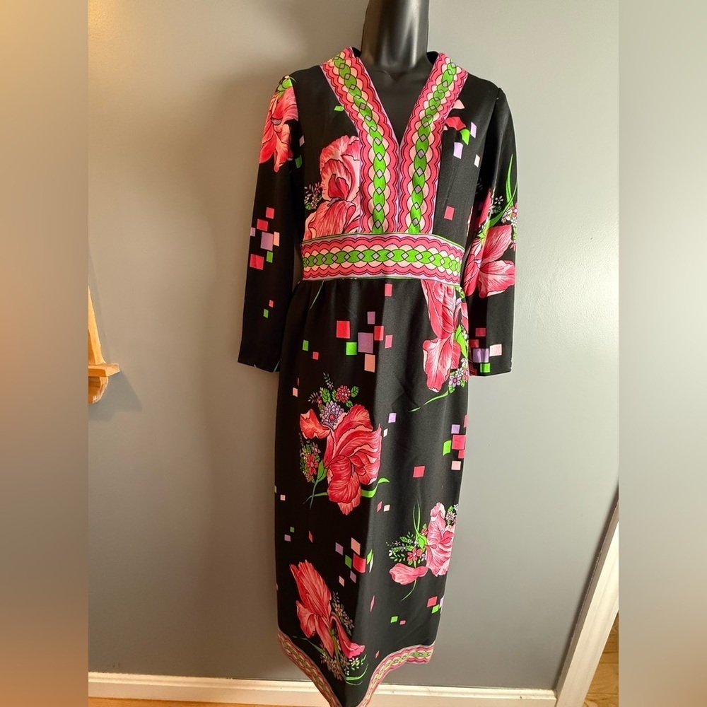 Debbi Brooks 1970's Vintage Vibrant Chic Mod Art Orchid Print Maxi Dress S-M EUC